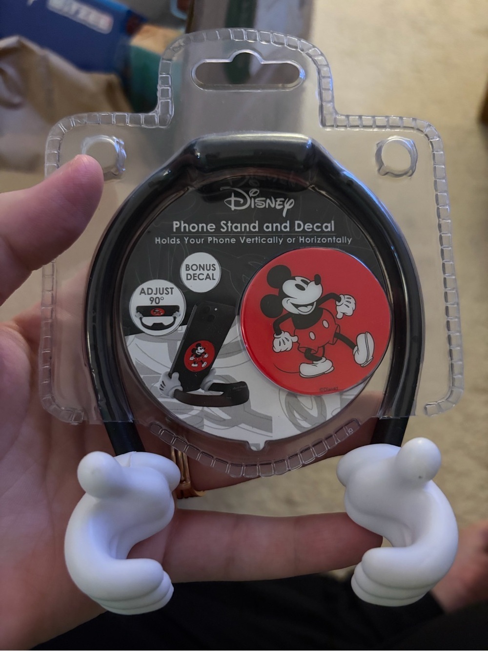 Disney Phone Stand with White Mickey Glove Hands and Red Mickey Decal
